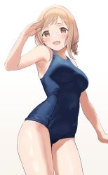 Rule 34 | 1girl, :d, absurdres, armpits, bare arms, bare shoulders, blue one-piece swimsuit, blush, braid, breasts, brown eyes, brown hair, covered navel, cowboy shot, hand up, highres, idolmaster, idolmaster shiny colors, light brown hair, long hair, looking at viewer, medium breasts, nekoshoko, one-piece swimsuit, open mouth, sakuragi mano, school swimsuit, simple background, smile, solo, swimsuit, white background