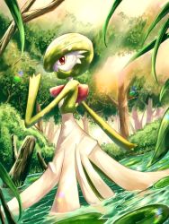 Rule 34 | creatures (company), day, forest, game freak, gardevoir, gen 3 pokemon, hand up, highres, light beam, lily pad, looking at viewer, looking back, nature, nintendo, outdoors, pokemon, pokemon (creature), red eyes, rowdon, solo, standing, tree, wading, water