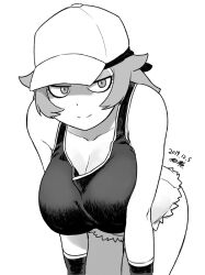 Rule 34 | 1girl, baseball cap, breasts, closed mouth, collarbone, creatures (company), dated, game freak, greyscale, hat, large breasts, looking at viewer, monochrome, nintendo, pokemon, pokemon sm, punk girl (pokemon), short hair, signature, simple background, smile, solo, tank top, tsukudani (coke-buta), white background, wristband