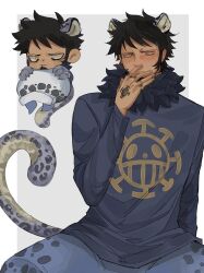 Rule 34 | 1boy, animal ears, black hair, blue hoodie, blue pants, blush, chibi, closed mouth, commentary, denim, earrings, facial hair, fur hat, goatee, hand on own face, hand tattoo, hat, highres, holding, holding clothes, holding hat, hood, hoodie, jeans, jewelry, leopard boy, leopard ears, leopard tail, long sleeves, looking at viewer, looking to the side, male focus, one piece, pants, short hair, sitting, tail, tattoo, trafalgar law, xve009, yellow eyes