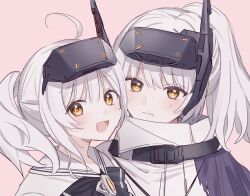 Rule 34 | 2girls, aged down, belt, black belt, black bow, black bowtie, blush, bow, bowtie, cloak, closed mouth, commentary request, expressionless, goddess of victory: nikke, grey background, highres, kumo tabetai, looking at viewer, multiple girls, multiple persona, open mouth, ponytail, sailor collar, shirt, simple background, smile, snow white (innocent days) (nikke), snow white (nikke), upper body, visor (armor), visor lift, white cloak, white hair, white sailor collar, white shirt, yellow eyes