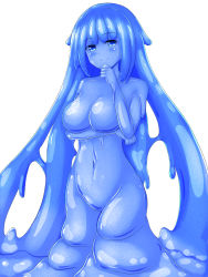 Rule 34 | 1girl, blue eyes, blue skin, blue theme, blush, breast hold, breasts, colored skin, female focus, long hair, monochrome, monster girl, navel, no nipples, nude, original, rethnick, simple background, slime girl, smile, solo, standing, very long hair, white background