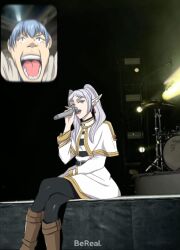 Rule 34 | 1boy, 1girl, belt, bereal, black belt, black pantyhose, blue eyes, blue hair, boots, brown footwear, capelet, crossed legs, earrings, fan screaming at madison beer (meme), frieren, grey hair, highres, himmel (sousou no frieren), holding, holding microphone, jewelry, long pointy ears, looking up, magickat, meme, microphone, music, open mouth, pantyhose, pointy ears, shirt, singing, skirt, sousou no frieren, striped clothes, striped shirt, twintails, white capelet, white skirt