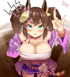 Rule 34 | angry, animal ears, aqua eyes, blush, bracelet, breasts, brown hair, cleavage, fang, fox mask, from above, hekahire isurus, highres, horse ears, horse girl, horse tail, inari one (umamusume), japanese clothes, jewelry, kimono, kouhaku nawa, large breasts, looking at viewer, mask, mask on head, necklace, ribbon, rope, sarashi, shimenawa, tail, triangle mouth, twintails, umamusume, yellow ribbon