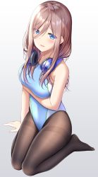 Rule 34 | 1girl, arm under breasts, bare arms, bare shoulders, blue eyes, blue one-piece swimsuit, blush, breast hold, breasts, brown hair, brown pantyhose, commentary request, competition swimsuit, full body, go-toubun no hanayome, gradient background, grey background, gurande (g-size), hair between eyes, headphones, headphones around neck, highres, long hair, looking at viewer, medium breasts, nakano miku, no shoes, one-piece swimsuit, pantyhose, pantyhose under swimsuit, parted lips, sitting, solo, swimsuit, thighband pantyhose, wariza, white background