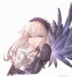 Rule 34 | 1girl, absurdres, black dress, black wings, commentary request, dress, feathered wings, frilled sleeves, frills, gothic lolita, grey hair, hairband, highres, lolita fashion, lolita hairband, long hair, looking at viewer, majinno, parted lips, pink eyes, rozen maiden, simple background, solo, suigintou, upper body, white background, wings