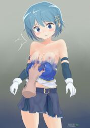 Rule 34 | 1girl, absurdres, armband, artist logo, artist name, assisted exposure, bare shoulders, belt buckle, blue eyes, blue hair, blue skirt, blush, buckle, cerealxs, collarbone, cowboy shot, disembodied limb, embarrassed, facing viewer, gloves, hair ornament, hetero, highres, mahou shoujo madoka magica, male hand, miki sayaka, motion lines, navel, pov, pov hands, shirt, short hair, simple background, skirt, solo focus, standing, strapless, strapless shirt, thighs, white gloves