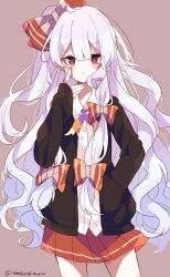 Rule 34 | 1girl, :t, alternate costume, bad id, bad twitter id, black jacket, blazer, blush stickers, bow, brown background, commentary, cowboy shot, finger to cheek, fujiwara no mokou, hair between eyes, hair bow, hand in pocket, hand up, highres, jacket, long hair, long sleeves, looking at viewer, one-hour drawing challenge, red bow, red eyes, red skirt, simple background, skirt, solo, touhou, twitter username, umemaro (siona0908), very long hair, wavy hair, white hair, wide sleeves
