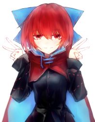 Rule 34 | 1girl, absurdres, black shirt, blue bow, blue cloak, bow, cloak, closed mouth, double v, hair between eyes, highres, long sleeves, looking at viewer, red cloak, red eyes, red hair, safutsuguon, sekibanki, shirt, short hair, simple background, smile, solo, split mouth, touhou, upper body, v, white background