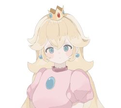 Rule 34 | 1girl, absurdres, arc (hrgx8448), blonde hair, brooch, crown, dress, earrings, expressionless, highres, jewelry, long hair, looking at viewer, mario (series), nintendo, pink dress, princess peach, simple background, solo, super mario bros. 1, upper body, very long hair, white background