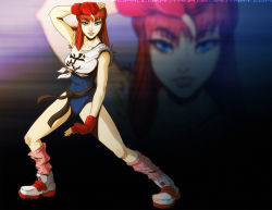 Rule 34 | 1girl, alternate costume, belt, blue eyes, breasts, dead or alive, fighting stance, fingerless gloves, gloves, hitomi (doa), large breasts, lips, long hair, loose socks, one-piece swimsuit, pio paulo santana, red hair, shirt, sleeveless, socks, solo, swimsuit, swimsuit under clothes, tecmo, tied shirt, watermark, web address, zoom layer