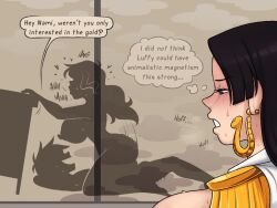 Rule 34 | 1boy, 2girls, agal1502, black hair, blush, boa hancock, cowgirl position, earrings, english text, highres, huge penis, jewelry, large penis, long hair, looking at viewer, lying, monkey d. luffy, multiple girls, nami (one piece), on person, one piece, penis, piercing, sex, silhouette, speech bubble, straddling, sweat, vaginal