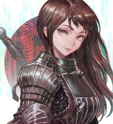 Rule 34 | 1girl, armor, brown hair, canking, face, gradient background, lips, long hair, original, pauldrons, purple eyes, shoulder armor, solo, sword, weapon