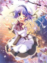 Rule 34 | 1girl, ;d, absurdres, beret, blue eyes, cherry blossoms, dress, hat, highres, izumi tsubasu, one eye closed, open mouth, path, petals, purple hair, road, smile, solo, wink