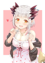 Rule 34 | 1girl, nanashi inc., :d, bare shoulders, black jacket, blush, breasts, brown eyes, cleavage, double bun, dress, frilled jacket, frills, hair bun, hair ornament, hairclip, hand up, haniwa (leaf garden), heart, heart print, highres, honey strap, hood, hood down, hooded jacket, jacket, long sleeves, looking at viewer, medium breasts, multicolored hair, off shoulder, open clothes, open jacket, open mouth, pink background, pointy ears, print dress, red hair, silver hair, sleeveless, sleeveless dress, smile, solo, streaked hair, suou patra, two-tone background, virtual youtuber, white background, white dress