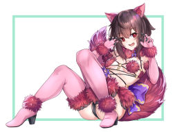 Rule 34 | 1girl, absurdres, alternate color, animal ear fluff, animal ears, ass, bare shoulders, black panties, blush, boots, border, bow, breasts, brown hair, claw pose, commentary request, cosplay, elbow gloves, fang, fate/grand order, fate (series), full body, fur-trimmed gloves, fur-trimmed legwear, fur collar, fur trim, gloves, halloween costume, hands up, high heel boots, high heels, highres, knees up, kono subarashii sekai ni shukufuku wo!, large bow, looking at viewer, m.tokotsu, mash kyrielight, mash kyrielight (dangerous beast), mash kyrielight (dangerous beast) (cosplay), medium breasts, medium hair, megumin, navel, o-ring, o-ring top, official alternate costume, open mouth, panties, pink gloves, pink thighhighs, purple bow, red eyes, revealing clothes, sitting, skin fang, smile, solo, tail, takahashi rie, thigh boots, thighhighs, underwear, voice actor connection, wolf ears, wolf tail
