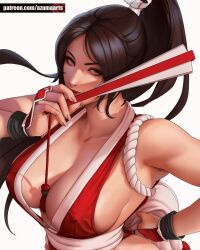 Rule 34 | 1girl, arm guards, azuma yasuo, bare shoulders, breasts, brown eyes, brown hair, cleavage, close-up, closed mouth, collarbone, cropped torso, fatal fury, folded fan, folding fan, hair ornament, hand fan, high ponytail, highres, holding, holding fan, japanese clothes, large breasts, long hair, looking at viewer, ninja, ponytail, portrait, revealing clothes, rope, shiranui mai, sideboob, simple background, snk, solo, the king of fighters, upper body, white background