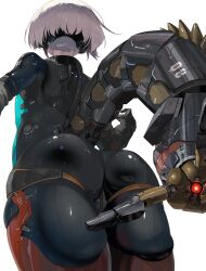 1girl absurdres ass black_bodysuit bodysuit cyborg grey_hair highres mechanical_tail original shiny_clothes short_hair skin_tight solo tail very_short_hair white_background yunimaru