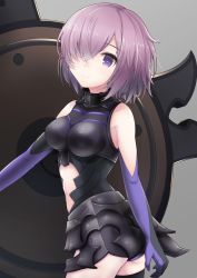 1girl armor ass bare_shoulders black_thighhighs blush breasts fate/grand_order fate_(series) female_focus light_purple_hair looking_at_viewer mash_kyrielight medium_breasts navel purple_eyes short_hair smile solo standing thighhighs yuki_shiro