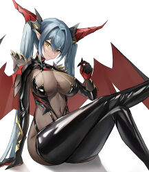 Rule 34 | 1girl, absurdres, azur lane, blue hair, bodystocking, bodysuit, breasts, covered navel, dragon girl, dragon horns, hai binggan, halter leotard, halterneck, highres, horns, large breasts, latex, latex legwear, leotard, long hair, looking at viewer, mechanical horns, navel, pointy ears, regensburg (azur lane), shiny clothes, solo, thighhighs, thighs, twintails, two-tone wings, wings, yellow eyes