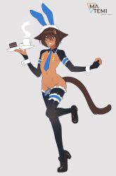 Rule 34 | 1boy, absurdres, anchor hair ornament, anchor symbol, animal ears, armlet, black footwear, blue eyes, blue necktie, bow, bowtie, bridal gauntlets, brown hair, cake, cat boy, cat ears, cat tail, condom, condom on penis, cup, dark-skinned male, dark skin, fake animal ears, food, full body, grey background, grin, hair ornament, high heels, highres, holding, holding tray, male focus, male playboy bunny, matemi, meme attire, mug, naked necktie, navel, necktie, original, oskar (coffee.png), pasties, penis, rabbit ears, reverse bunnysuit, reverse outfit, second-party source, shiny clothes, shrug (clothing), simple background, smile, solo, standing, standing on one leg, tail, thighlet, trap, tray, wrist cuffs