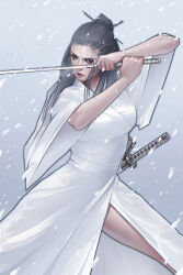 Rule 34 | 1girl, absurdres, black eyes, breasts, breath, commentary, english commentary, fighting stance, grey hair, hair ornament, hair stick, highres, holding, holding sword, holding weapon, japanese clothes, jee-hyung lee, katana, kimono, long hair, looking to the side, medium breasts, original, sheath, sheathed, snowing, solo, sword, weapon, white kimono