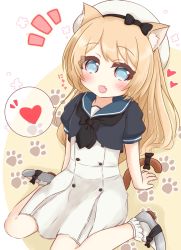 Rule 34 | 1girl, :d, animal ears, arm support, beret, black bow, black neckerchief, black shirt, blonde hair, blue eyes, blue sailor collar, blush, bobby socks, bow, cat ears, cat girl, cat tail, commentary request, dress, fang, grey footwear, hat, heart, highres, jervis (kancolle), kantai collection, kemonomimi mode, long hair, neckerchief, notice lines, open mouth, pleated dress, puffy short sleeves, puffy sleeves, ridy (ri sui), sailor collar, shirt, shoes, short sleeves, sitting, smile, socks, solo, spoken heart, tail, tail bow, tail ornament, very long hair, wariza, white dress, white hat, white socks