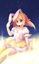 Rule 34 | 1girl, animal ears, blonde hair, blush, bow, breasts, closed mouth, collarbone, commentary request, corset, emurin, feet out of frame, hair between eyes, hair bow, looking at viewer, medium hair, multiple hair bows, original, puffy short sleeves, puffy sleeves, rabbit ears, red bow, red eyes, short sleeves, sitting, skirt, sky, small breasts, smile, solo, star (sky), starry sky, thighhighs, white corset, white skirt, yellow thighhighs