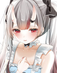 Rule 34 | 1girl, apron, black bow, blue apron, bow, breasts, choker, frilled choker, frilled sleeves, frills, grey hair, hair bow, highres, hololive, horns, long hair, looking at viewer, multicolored hair, nakiri ayame, ohagetty, oni, red hair, red nails, short sleeves, skin-covered horns, small breasts, streaked hair, two side up, virtual youtuber, white choker