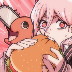 Rule 34 | + +, 1girl, burger, chainsaw, chainsaw man, cross-shaped pupils, crosshair pupils, demon, demon girl, demon horns, fang, food, food in mouth, horns, jacket, lettuce, long hair, looking at viewer, mark gavatino, open mouth, pink background, pink hair, pochita (chainsaw man), power (chainsaw man), red eyes, red horns, sleeves past wrists, surprised, sweatdrop, symbol-shaped pupils, teeth, tomato, tongue, tongue out