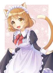 Rule 34 | 1girl, animal ears, apron, blush, brooch, brown hair, cat ears, cat girl, cat tail, collared dress, dress, flower, frilled apron, frilled shirt collar, frills, ibuki ena, jewelry, juliet sleeves, long sleeves, looking at viewer, maid, maid headdress, neck ribbon, open mouth, original, puffy sleeves, ribbon, rose, short hair, skirt hold, smile, solo, tail, yellow eyes