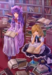 Rule 34 | 2girls, black headwear, blue bow, book, book stack, bookshelf, bow, chair, crystal, cup, hair bow, hat, hat bow, unworn hat, hat ribbon, unworn headwear, holding, holding book, kirisame marisa, long hair, long sleeves, looking at another, mini-hakkero, multiple girls, open book, patchouli knowledge, plate, puffy short sleeves, puffy sleeves, purple eyes, purple hair, reading, red bow, ribbon, short sleeves, sitting, smile, spoon, table, tea, teacup, teiraa, touhou, white bow, white ribbon, witch hat