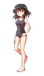 Rule 34 | 1girl, alphes (style), alternate costume, bare arms, bare legs, barefoot, black hair, black one-piece swimsuit, breasts, casual one-piece swimsuit, closed mouth, collarbone, dairi, full body, hand on own hip, looking at viewer, medium breasts, medium hair, one-piece swimsuit, parody, red eyes, school swimsuit, shameimaru aya, smile, solo, standing, standing on one leg, style parody, swimsuit, tachi-e, touhou, transparent background
