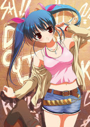 Rule 34 | 1girl, belt, blue hair, boots, bra strap, camisole, character request, denim, denim shorts, female focus, fumio (ura fmo), jacket, long hair, looking at viewer, midriff, red eyes, shorts, solo, source request, tank top, twintails
