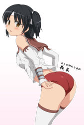 Rule 34 | 10s, 1girl, adjusting buruma, adjusting clothes, ass, bad id, bad pixiv id, bare shoulders, black hair, breasts, brown eyes, buruma, cowboy shot, detached sleeves, from side, headband, highres, ishida seito, kantai collection, leaning forward, looking at viewer, medium breasts, midriff, nagara (kancolle), one side up, open mouth, short hair, side ponytail, simple background, solo, thighhighs, translation request, white thighhighs