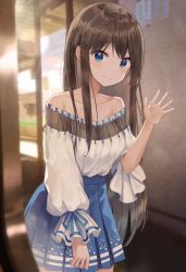 1girl bare_shoulders blue_eyes blue_ribbon blue_skirt blurry blurry_background blush breasts brown_hair closed_mouth collarbone commentary_request dress highres long_hair long_sleeves looking_at_viewer medium_breasts original pleated_skirt ribbon ruda_(ruda_e) skirt smile solo train_station two-tone_skirt waving white_dress white_skirt