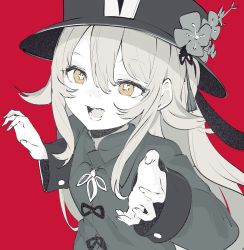 Rule 34 | 1girl, ddari, flower, flower-shaped pupils, genshin impact, greyscale, greyscale with colored background, hat, hat flower, highres, hu tao (genshin impact), long hair, long sleeves, looking at viewer, monochrome, open mouth, red background, sketch, smile, solo, symbol-shaped pupils, twintails