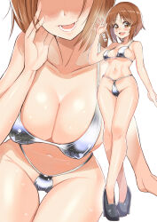 Rule 34 | 1girl, bikini, blaze (blazeillust), blush, breasts, brown eyes, brown hair, cleavage, girls und panzer, high heels, highres, large breasts, looking at viewer, multiple views, navel, nishizumi miho, open mouth, shiny skin, short hair, silver bikini, simple background, smile, swimsuit, white background