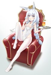 Rule 34 | 1girl, ahoge, animal ear fluff, animal ears, artist name, asusan, azur lane, between breasts, blue eyes, braid, breasts, chair, choker, drink, drinking straw, full body, hair between eyes, hair ornament, holding, holding tray, ice, ice cube, knee up, le malin (azur lane), le malin (listless lapin) (azur lane), leotard, long hair, no shoes, o-ring, o-ring choker, official alternate costume, rabbit ears, sidelocks, signature, simple background, sitting, slouching, small breasts, solo, thigh gap, thighhighs, tongue, tongue out, tray, v, white background, white choker, white hair, white leotard, white thighhighs, wrist cuffs