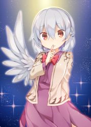Rule 34 | 1girl, akagashi hagane, blue background, bow, bowtie, braid, dress, finger to mouth, gradient background, jacket, kishin sagume, long sleeves, looking at viewer, purple dress, red eyes, short hair, silver hair, single wing, smile, solo, sparkle, touhou, upper body, wings