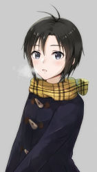 Rule 34 | 1girl, antenna hair, black eyes, black hair, blue coat, breath, coat, commentary, duffel coat, grey background, highres, idolmaster, idolmaster (classic), idolmaster 2, kikuchi makoto, long sleeves, looking at viewer, mogskg, open mouth, plaid, plaid scarf, scarf, short hair, simple background, solo, toggles, upper body, v arms, yellow scarf