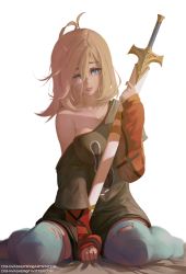 Rule 34 | 1girl, antenna hair, blonde hair, blue eyes, blue thighhighs, breasts, cleavage, commentary, dishwasher1910, genderswap, genderswap (mtf), highres, jaune arc, large breasts, making-of available, off shoulder, recursive genderswap, rwby, sheath, sheathed, sitting, solo, sword, tears, thighhighs, torn clothes, torn thighhighs, wariza, weapon, white background