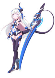 Rule 34 | 1girl, absurdres, bare shoulders, black footwear, black gloves, blue eyes, blue hair, boots, closed mouth, full body, gloves, highres, holding, holding sword, holding weapon, honkai (series), honkai impact 3rd, horns, liliya olenyeva, long hair, miyamoya, navel, simple background, single horn, sleeveless, solo, sword, tail, thigh boots, thighhighs, weapon, white background