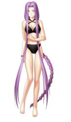 Rule 34 | 1girl, absurdly long hair, absurdres, bikini, black bikini, braid, breasts, cleavage, fate/stay night, fate (series), feet, full body, highres, large breasts, long hair, looking at viewer, matching hair/eyes, medusa (fate), medusa (rider) (fate), navel, official alternate costume, official art, purple eyes, purple hair, smile, solo, square pupils, swimsuit, takeuchi takashi, toes, transparent background, very long hair