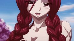 Rule 34 | 1girl, animated, animated gif, blue sky, blush, braid, breast tattoo, breasts, cleavage, cross scar, dress, elbow gloves, fairy tail, female focus, flare corona, gloves, large breasts, long hair, matching hair/eyes, red dress, red eyes, red gloves, red hair, scar, scar on shoulder, sky, solo, source request, talking, tattoo, teardrop, tears, twin braids, upper body