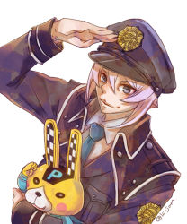 Rule 34 | 10s, 1boy, aqua necktie, blue eyes, double decker!, hand up, highres, holding, holding stuffed toy, jam (lc jam), kirill vrubel, looking at viewer, male focus, necktie, police, police uniform, policeman, purple hair, salute, simple background, smile, solo, stuffed animal, stuffed toy, twitter username, uniform