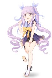 Rule 34 | 1girl, bare legs, black skirt, blush, bow, cementite, female focus, full body, hair ribbon, highres, kyoka (princess connect!), long hair, looking at viewer, miniskirt, pointy ears, princess connect!, purple hair, ribbon, sandals, simple background, skirt, solo, twintails, very long hair, white background, yellow bow, zouri