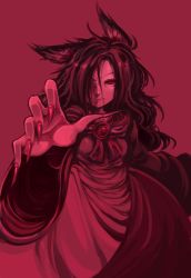 Rule 34 | 1girl, animal ears, clenched teeth, dress, fingernails, foreshortening, hair over one eye, harusame (unmei no ikasumi), imaizumi kagerou, long hair, messy hair, nail polish, red background, red eyes, red nails, red theme, solo, teeth, touhou, wavy hair, wide sleeves, wolf ears