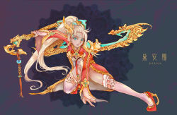 Rule 34 | absurdres, alternate costume, alternate eye color, blue eyes, character name, diana (league of legends), facial mark, forehead mark, highres, holding, holding weapon, lan sing, league of legends, long hair, looking at viewer, ponytail, red footwear, shoes, solo, thighhighs, weapon, white hair, white thighhighs
