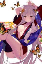 Rule 34 | 1girl, absurdres, animal, arms up, ass, asymmetrical sleeves, bad id, bad pixiv id, black thighhighs, blue bow, blurry, blurry background, blush, bow, breasts, brown eyes, bug, butterfly, character request, cherry blossom print, cleavage, closed mouth, collarbone, commentary request, depth of field, feet out of frame, floral print, flower, frilled sleeves, frills, hair between eyes, hair flower, hair ornament, highres, houchi shoujo, insect, legs up, long sleeves, medium breasts, monarch butterfly, myao (o3o333), open clothes, panties, purple flower, short sleeves, silver hair, single thighhigh, smile, solo, thighhighs, underwear, uneven sleeves, white background, white panties, wide sleeves